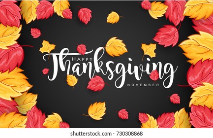 Hand drawn Thanksgiving typography with leaves on Black Background. Thanksgiving vector vintage style calligraphy for Poster, Postcard and Invitation card