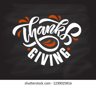 Hand drawn Thanksgiving typography poster. Celebration quote "Happy Thanksgiving" on textured background for postcard, Thanksgiving icon, logo or badge. Thanksgiving vector vintage style calligraphy