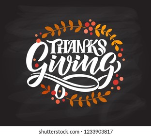 Hand drawn Thanksgiving typography poster. Celebration quote "Happy Thanksgiving" on textured background for postcard, Thanksgiving icon, logo or badge. Thanksgiving vector vintage style calligraphy