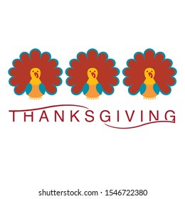 Hand drawn Thanksgiving typography poster. Celebration quote "Thanksgiving" and turkeys as November symbol, greeting card, icon, logo, badge. Cute colorful characters. Autumn vector illustration.