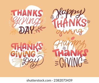 Hand drawn Thanksgiving typography poster. Celebration quote Happy Thanksgiving on textured background for postcard, Thanksgiving icon, logo or badge. Thanksgiving vector vintage style calligraphy