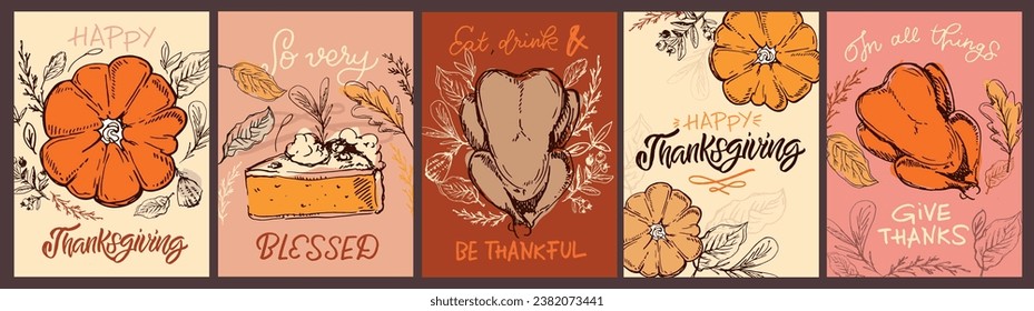 Hand drawn Thanksgiving typography poster. Celebration quote Happy Thanksgiving on textured background for postcard, Thanksgiving icon, logo or badge. Thanksgiving vector vintage style calligraphy