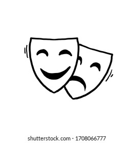 hand drawn theater mask illustration with happy and sad expression illustration with doodle style vector