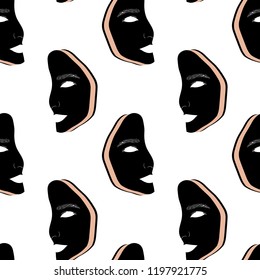 Hand Drawn theatrical mask pattern in surreal style Doodle seamless pattern. Illustrations Drawing in Vector Sketch for textile, print, postcard, invitation, poster, background, wallpaper