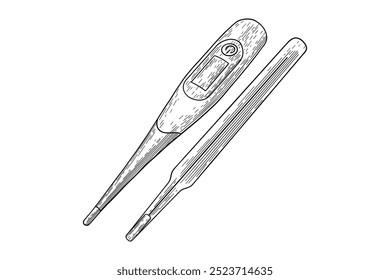 handgezeichnetes Thermometer, schwarz-weißes Bild