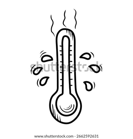 Hand drawn thermometer is indicating extremely hot weather with steam rising and drops splashing around, symbolizing intense heat and high temperature measurement