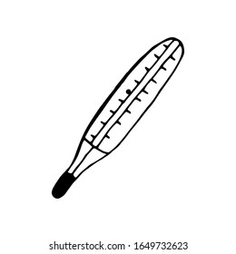 Hand drawn thermometer isolated on a white background. Medical elements, icons. Doodle, simple outline illustration. It can be used for decoration of textile, paper and other surfaces.