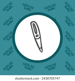 Termómetro dibujado a mano sobre fondo de garabato médico azul.Vector eps10