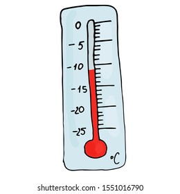 Hand drawn thermometer on an isolated white background. Scale from zero to minus twenty-five. Minus 11 degrees Celsius. Vector illustration.