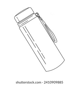 Hand drawn thermos. Line drawing of metal water thermo flask isolated on white background. Sketch of travel thermos for hot tea. Black and white outline drawing. Vector illustration