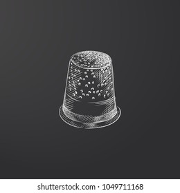 Hand Drawn Thimble Sketch Symbol isolated on chalkboard. Vector Sewing Element In Trendy Style.