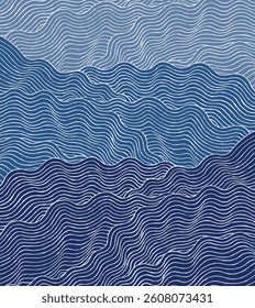 Hand drawn thin brush lines abstract minimal waves and water pattern in blue, Japanese, ethnic handcrafted, wood carving textured background, simple ripple graphic for textile, carpet,
