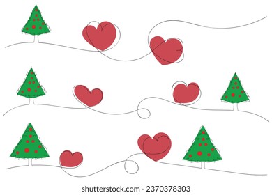 Hand drawn Thin continuous line Christmas tree with hearts Symbol vector, one line pine fir tree romantic relationship love sign, Minimalistic Outline single line art holiday cards decorations