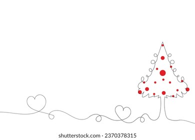 Hand drawn Thin continuous line Christmas tree with hearts Symbol vector, one line pine fir tree romantic relationship love sign, Minimalistic Outline single line art holiday cards decorations