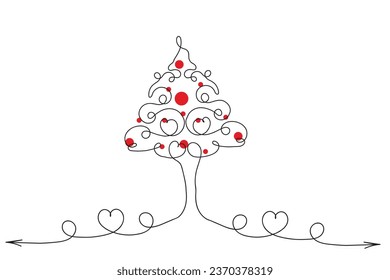 Hand drawn Thin continuous line Christmas tree with hearts Symbol vector, one line pine fir tree romantic relationship love sign, Minimalistic Outline single line art holiday cards decorations