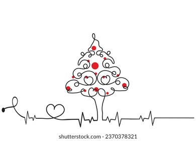 Hand drawn Thin continuous line Christmas tree with hearts Symbol vector, one line pine fir tree romantic relationship love sign, Minimalistic Outline single line art holiday cards decorations