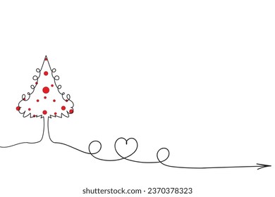 Hand drawn Thin continuous line Christmas tree with hearts Symbol vector, one line pine fir tree romantic relationship love sign, Minimalistic Outline single line art holiday cards decorations