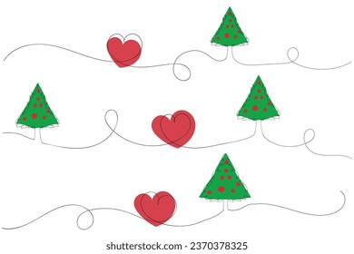 Hand drawn Thin continuous line Christmas tree with hearts Symbol vector, one line pine fir tree romantic relationship love sign, Minimalistic Outline single line art holiday cards decorations