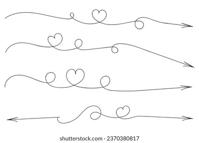 Hand drawn Thin continuous line lovely hearts style curved arrow vector, one line left right direction love sign with pen arrows, Minimalistic Outline single line way decorations decorative element

