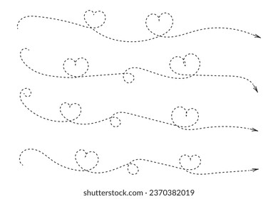 
Hand drawn Thin continuous line lovely hearts style curved Dotted arrow vector, one line left right direction love sign with pen dashed line arrows, Minimalistic Outline single line way decorations