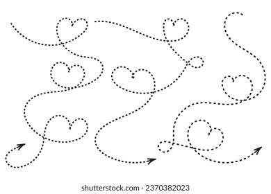 
Hand drawn Thin continuous line lovely hearts style curved Dotted arrow vector, one line left right direction love sign with pen dashed line arrows, Minimalistic Outline single line way decorations