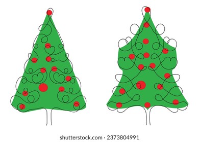 Hand drawn Thin continuous line Christmas tree with hearts Symbol vector, one line pine fir tree romantic relationship love sign, Minimalistic Outline single line art holiday cards decorations