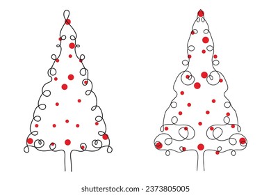 Hand drawn Thin continuous line Christmas tree with hearts Symbol vector, one line pine fir tree romantic relationship love sign, Minimalistic Outline single line art holiday cards decorations