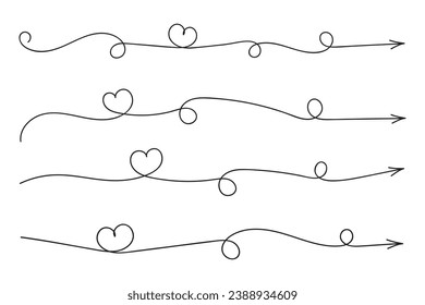 Hand drawn Thin continuous line lovely hearts style curved arrow vector, one line left right direction love sign with pen arrows, Minimalistic Outline single line way decorations decorative element