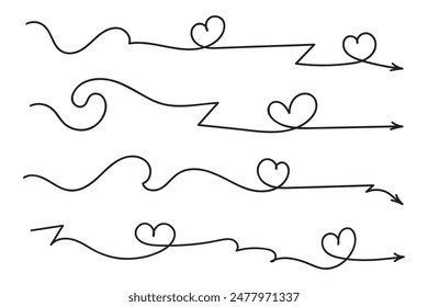 Hand drawn Thin continuous line lovely hearts style curved arrow vector, one line left right direction love sign with pen arrows, Minimalistic Outline single line way decorations decorative element
