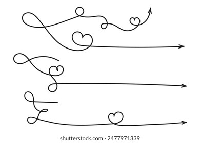Hand drawn Thin continuous line lovely hearts style curved arrow vector, one line left right direction love sign with pen arrows, Minimalistic Outline single line way decorations decorative element
