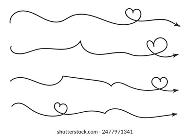 Hand drawn Thin continuous line lovely hearts style curved arrow vector, one line left right direction love sign with pen arrows, Minimalistic Outline single line way decorations decorative element