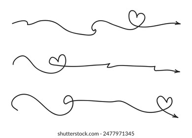 Hand drawn Thin continuous line lovely hearts style curved arrow vector, one line left right direction love sign with pen arrows, Minimalistic Outline single line way decorations decorative element