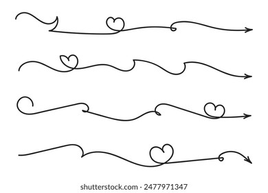 Hand drawn Thin continuous line lovely hearts style curved arrow vector, one line left right direction love sign with pen arrows, Minimalistic Outline single line way decorations decorative element