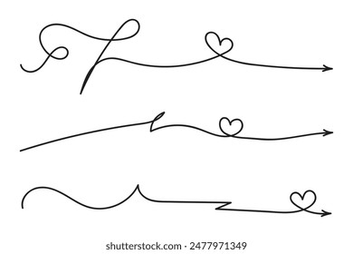 Hand drawn Thin continuous line lovely hearts style curved arrow vector, one line left right direction love sign with pen arrows, Minimalistic Outline single line way decorations decorative element