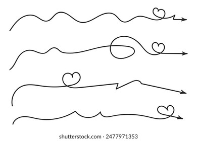 Hand drawn Thin continuous line lovely hearts style curved arrow vector, one line left right direction love sign with pen arrows, Minimalistic Outline single line way decorations decorative element