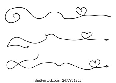 Hand drawn Thin continuous line lovely hearts style curved arrow vector, one line left right direction love sign with pen arrows, Minimalistic Outline single line way decorations decorative element