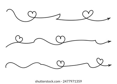 Hand drawn Thin continuous line lovely hearts style curved arrow vector, one line left right direction love sign with pen arrows, Minimalistic Outline single line way decorations decorative element