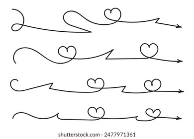 Hand drawn Thin continuous line lovely hearts style curved arrow vector, one line left right direction love sign with pen arrows, Minimalistic Outline single line way decorations decorative element