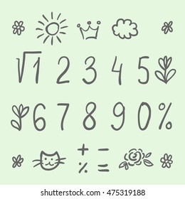Hand drawn thin digits, symbols and cute doodles. Sans-serif handwritten sketchy font