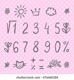Hand drawn thin digits, symbols and cute doodles. Sans-serif handwritten sketchy font