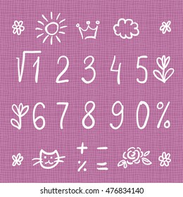 Hand drawn thin digits, symbols and cute doodles. Sans-serif handwritten sketchy font