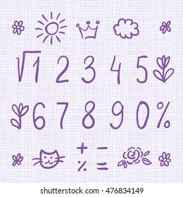 Hand drawn thin digits, symbols and cute doodles. Sans-serif handwritten sketchy font