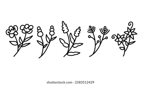 Hand drawn thin floral botanical line art, Vector illustration for logo or tattoo, invitation, save the date card