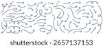 
Hand drawn thin line arrows set. Many vector curvy arrow set