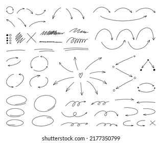 Hand drawn thin line arrows and highlight design elements. Vector line doodles isolated on white background.