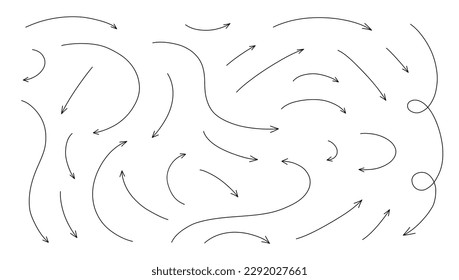 Hand drawn thin line arrows set. Vector curvy, wavy and straight arrows isolated on white background.