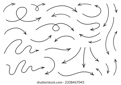 Hand drawn thin line arrows set. Vector doodle design elements isolated on white background.