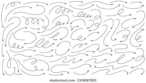 Hand drawn thin line arrows set. Many vector curvy, wavy spiral arrows isolated on white background.