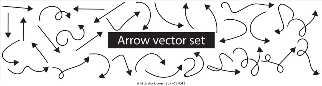 Hand drawn thin line arrows set. Many vector curvy and wavy arrows isolated on white background