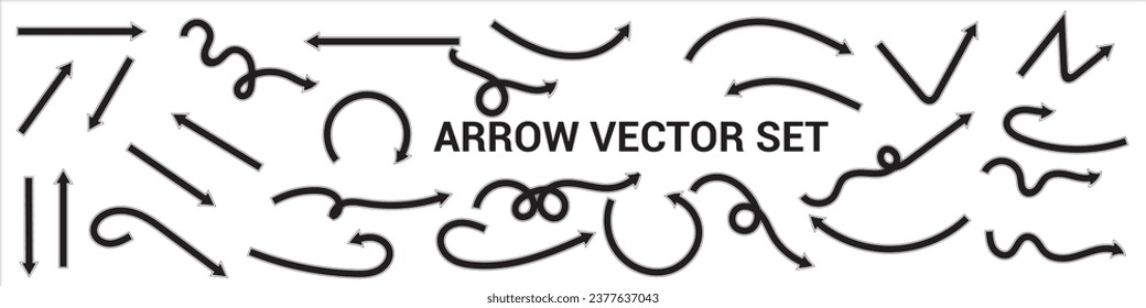 Hand drawn thin line arrows set. Many vector curvy and wavy arrows isolated on white background